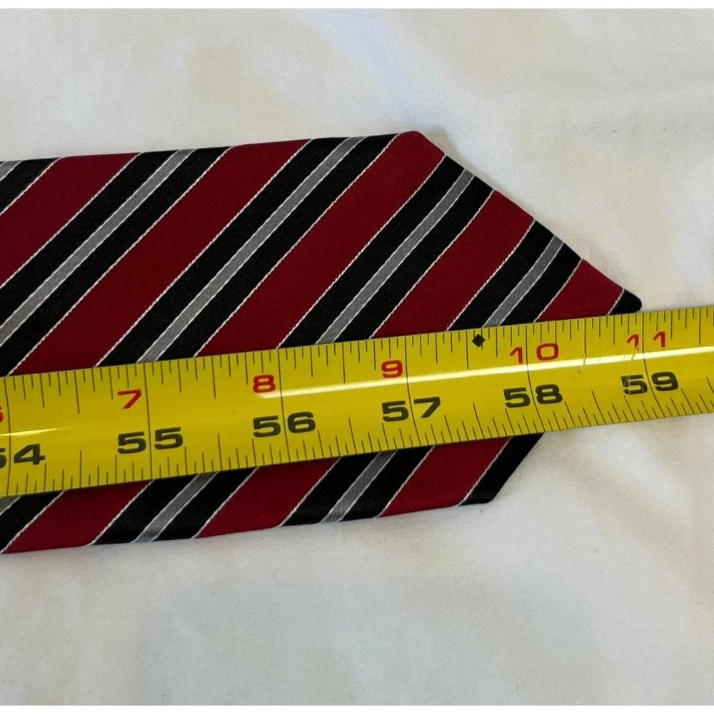 Stafford Mens Necktie Red Black‎ Silver Striped 100% Silk Tie
